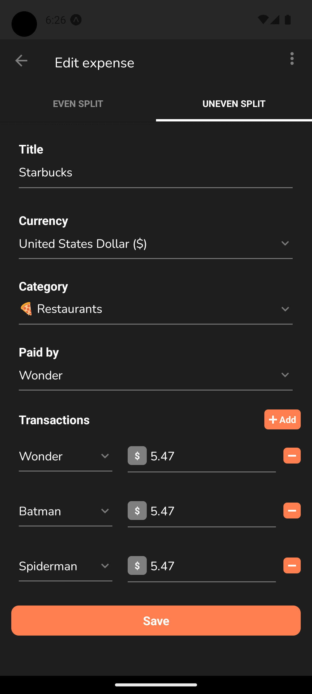 SplitSumo custom expense split