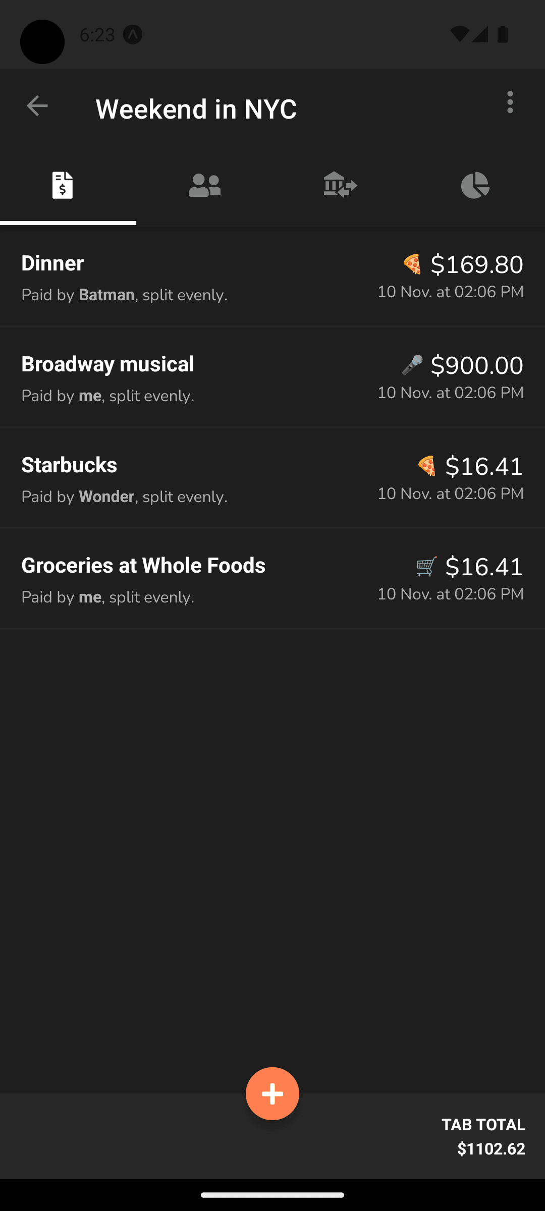 SplitSumo expense log showing shared purchases